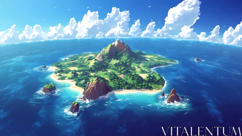 Tropical Island Paradise with Volcanic Peak and Turquoise Waters.