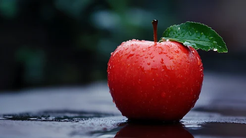 Red apple with water droplets on reflective outdoor surface.