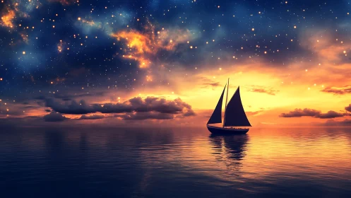 Sailing vessel moves across calm sea under dense starfield