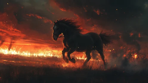 Midnight warhorse charges through a horizon of burning sky