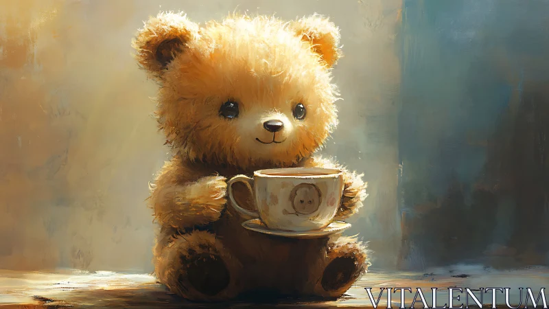 Cozy teddy bear sharing a warm cup of comfort and calm.