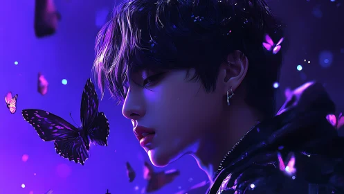 Side profile of youth with purple butterflies at night.