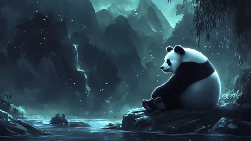 Panda sits on riverside rock before misty mountains and falls
