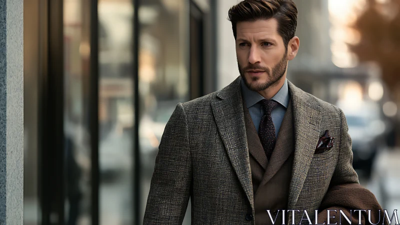 Urban portrait of tailored businessman in textured wool suit.