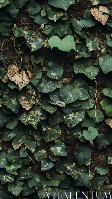 Dense ivy leaves cover rough soil wall in natural light