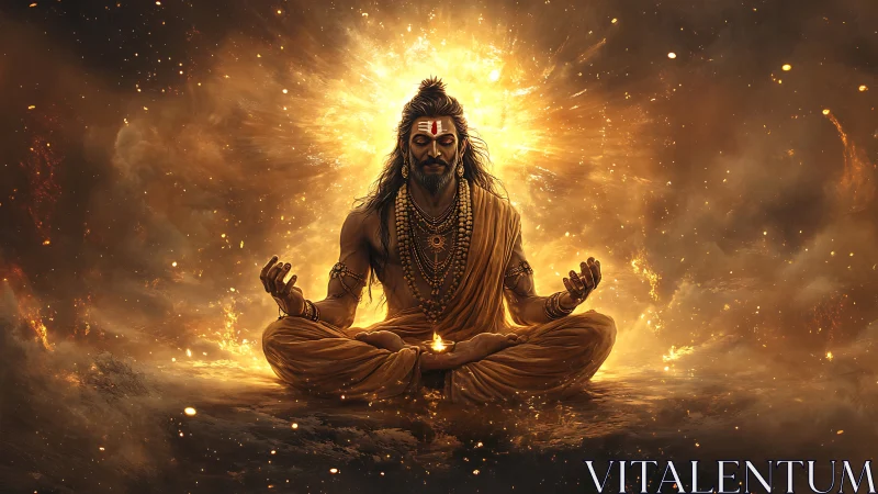Meditating ascetic figure amid radiant golden energy field.