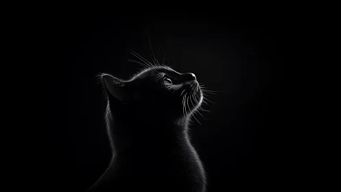 Cat looking upward against black background in profile