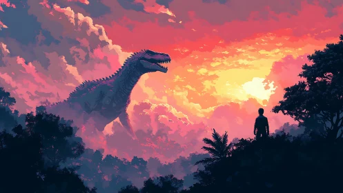 Sunset confrontation between dinosaur and lone explorer.