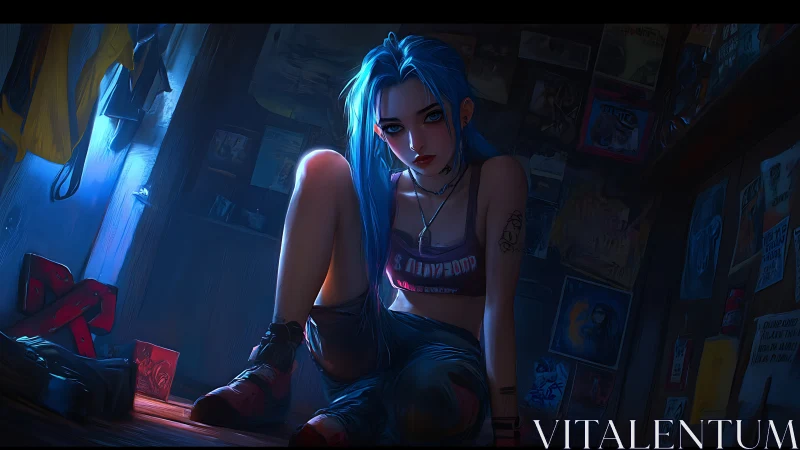 Moody blue haired rebel rests quietly in her neon lit room