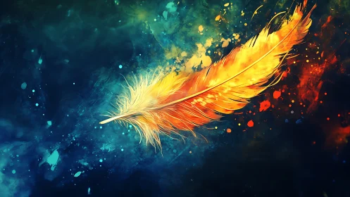 Luminous fire feather drifting through cosmic color field.