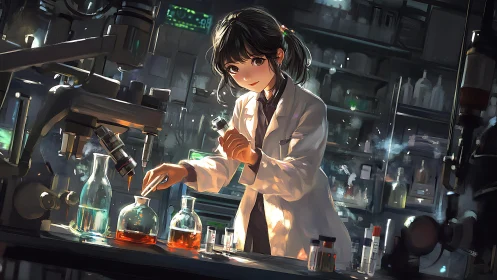 Midnight lab alchemist girl tuning glowing glass experiments.