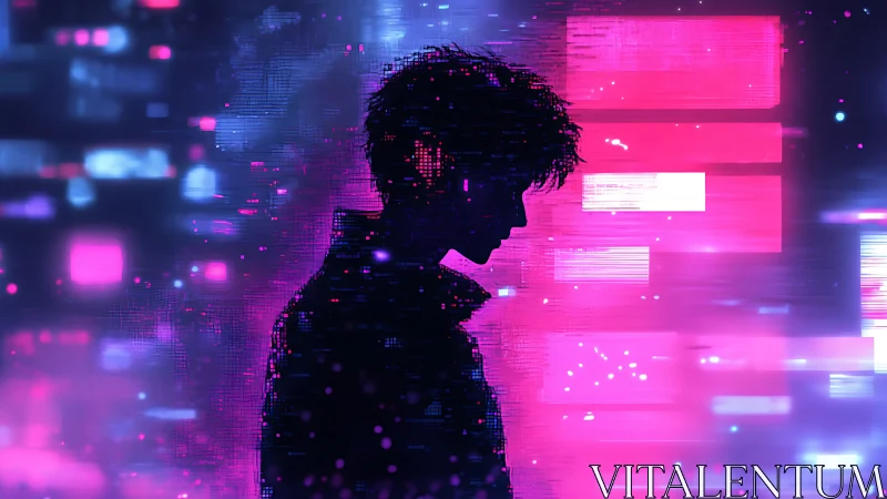 Neon-glitch silhouette within high-saturation cybernetic skyline.