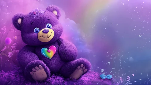 Vibrant purple teddy bear with rainbow heart in misty glade