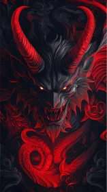 Demonic horned beast emerging in crimson inferno shadows.