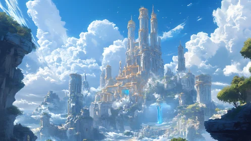 Skyward stone citadel rising among dense white cloud formations.