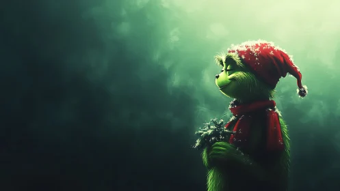 Green furry character in red Santa hat amid winter glow.