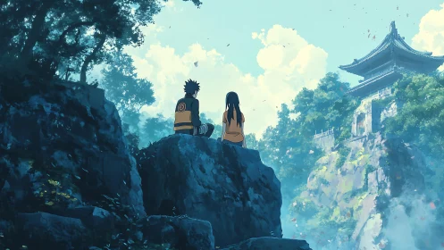 Two seated figures on cliff ledge facing distant temple.