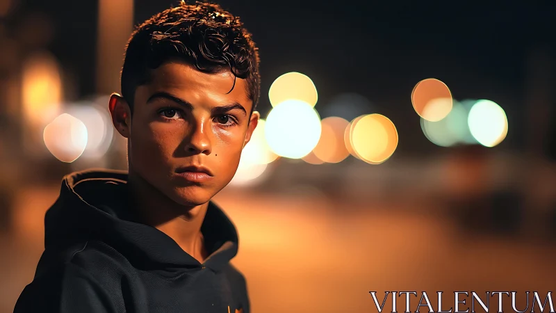 Serious teenage boy portrait against blurred city lights.