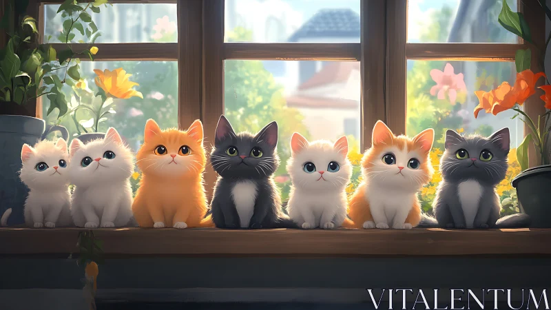 Six Kittens Lined Windowsill Garden Sunlight.