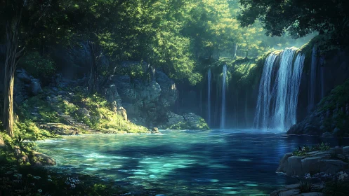 Luminous forest waterfall over tranquil turquoise pool.