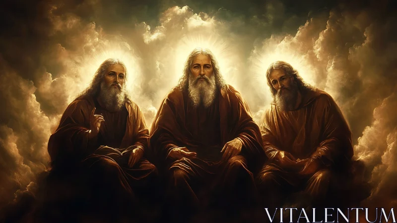 Radiant trio of wise elders sits amid glowing golden clouds