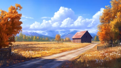 Rural barn along dirt road in autumn meadow landscape.