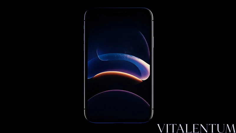 Smartphone displaying luminous abstract forms curved through dark space