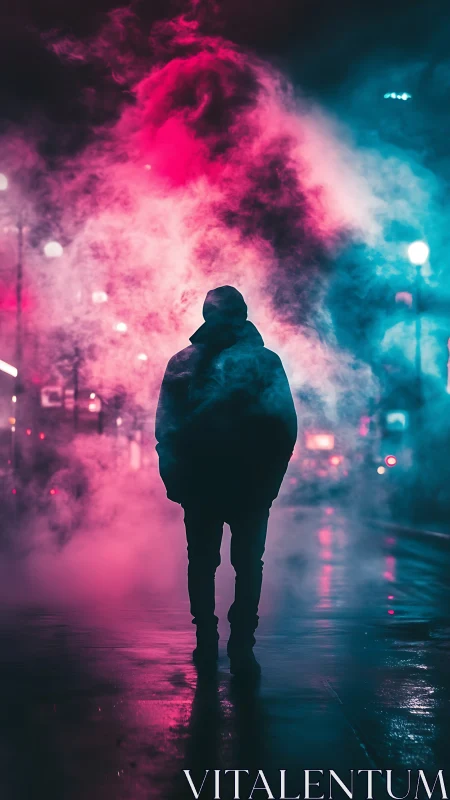 Hooded silhouette in bicolor neon fog on reflective asphalt surface.