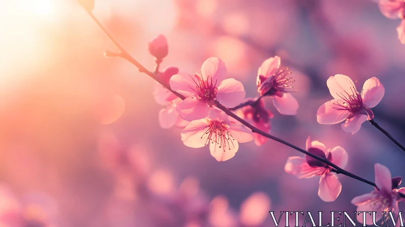 Cherry Blossoms Backlit by Warm Sunlight.