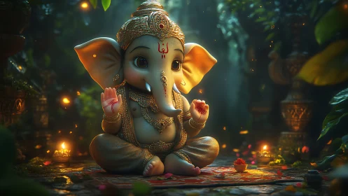 Baby Ganesha meditates amid glowing forest lanterns.
