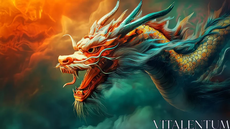 Fiery oriental dragon head in swirling colored clouds.
