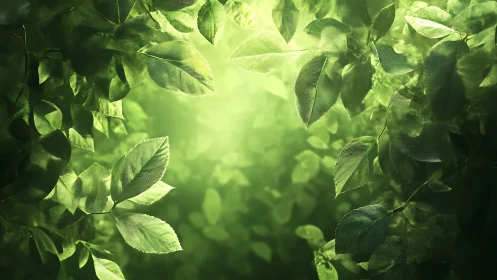 Sunlit green leaves frame glowing forest clearing softly