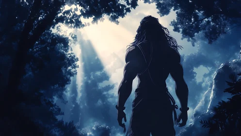 Backlit jungle warrior silhouette in cinematic digital painting.