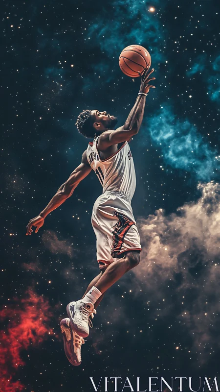 Basketball player suspended midair against nebula cloud backdrop