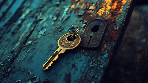 Brass key lies on rusted metal surface beside keyhole plate
