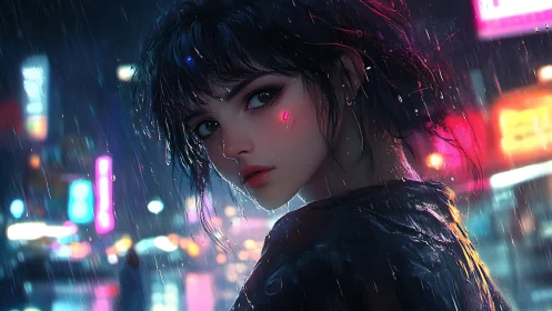 Neon rain wraps a quiet cyber city girl in soft glow
