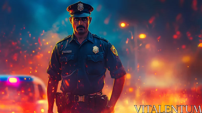 Police officer standing in front of patrol car at night.