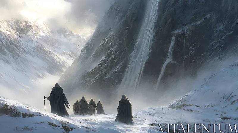 Hooded figures traverse a snow-covered mountain pass in mist