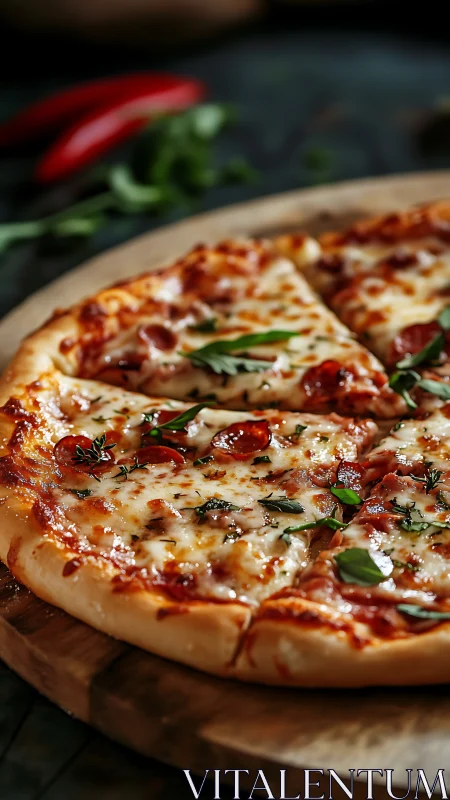 Close-up pepperoni pizza on wooden board, fresh herbs.