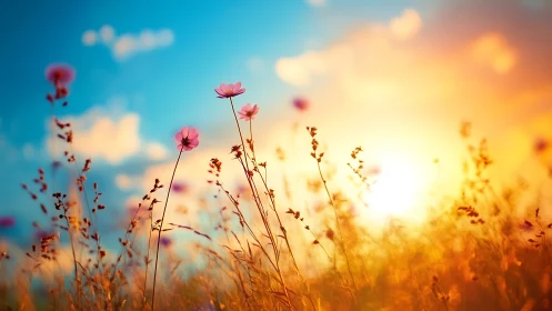 Wildflowers stand against a vivid sunset sky