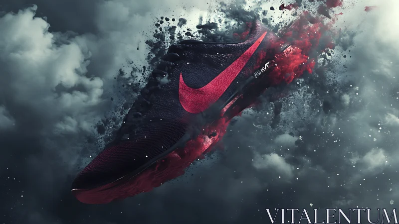 Dark athletic shoe in midair with red accents and smoke.