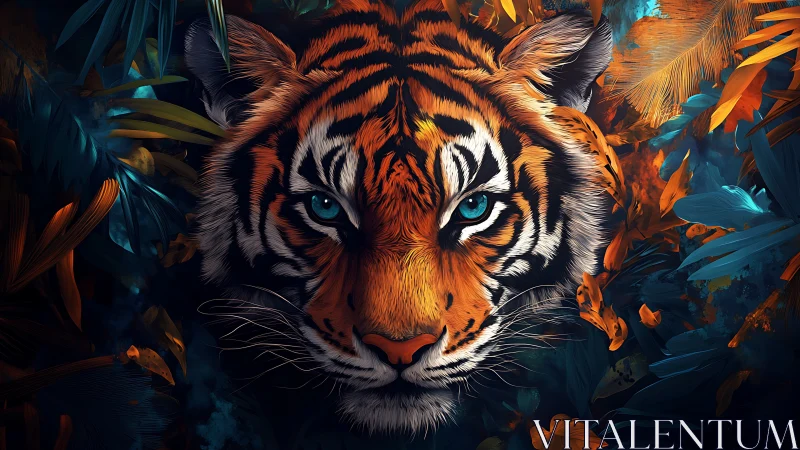 Gentle jungle tiger with bright blue eyes and fiery foliage.