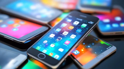 Cascade of glowing smartphones in a neon app galaxy.