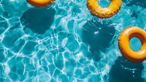 Yellow pool floats drift across clear turquoise water