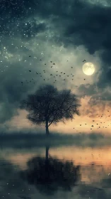 Solitary lakeside tree under moonlit cloudy night sky.