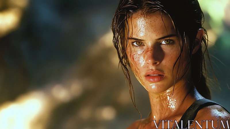 Sweat covered woman in closeup outdoor portrait view.