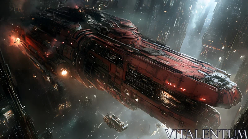 Massive red battleship cuts through dense sci fi shipyard