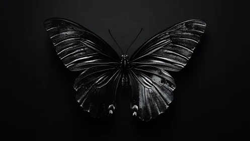 Glossy black butterfly sculpture rests on matte dark background