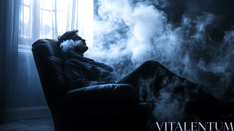 Backlit lounger silhouette immersed in dense drifting vapor