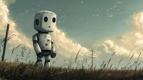 Lonely worn robot standing in quiet overgrown field.